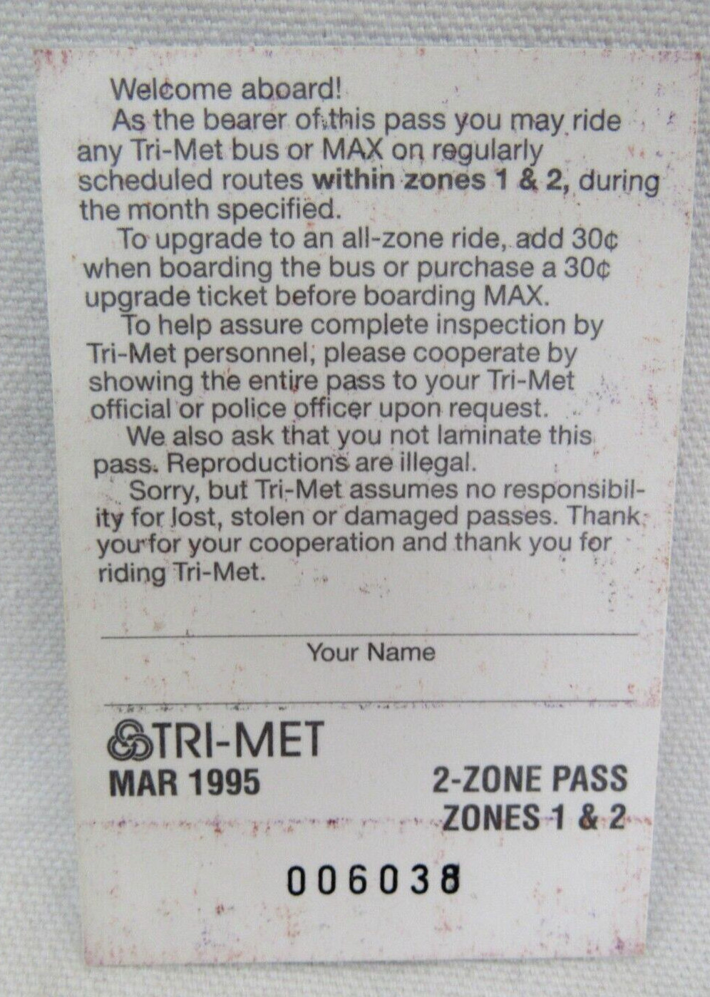 Vintage Tri-Met Bus & Max Light Rail March 1995 Monthly Pass Portland Oregon OR