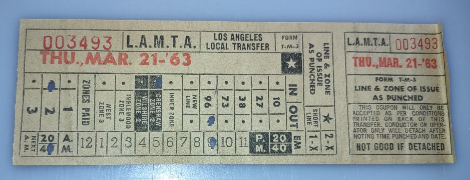 1963 L.A.M.T.A. Bus Transfer ticket Line 2 Metro Transit Los Angeles – March 21