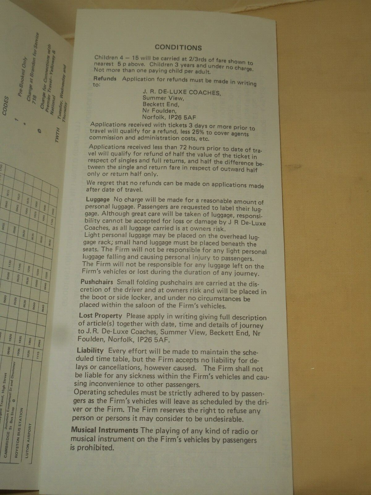 LUTON AIRPORT JR DE-LUXE COACHES 1982 Bus Service Timetables Brochure E. Anglia