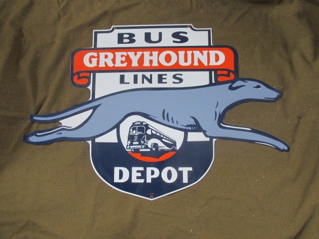 Greyhound Bus Lines Depot Sign (Dog & Bus on Shield) 36″ Wide Steel/Gloss 7 lbs.