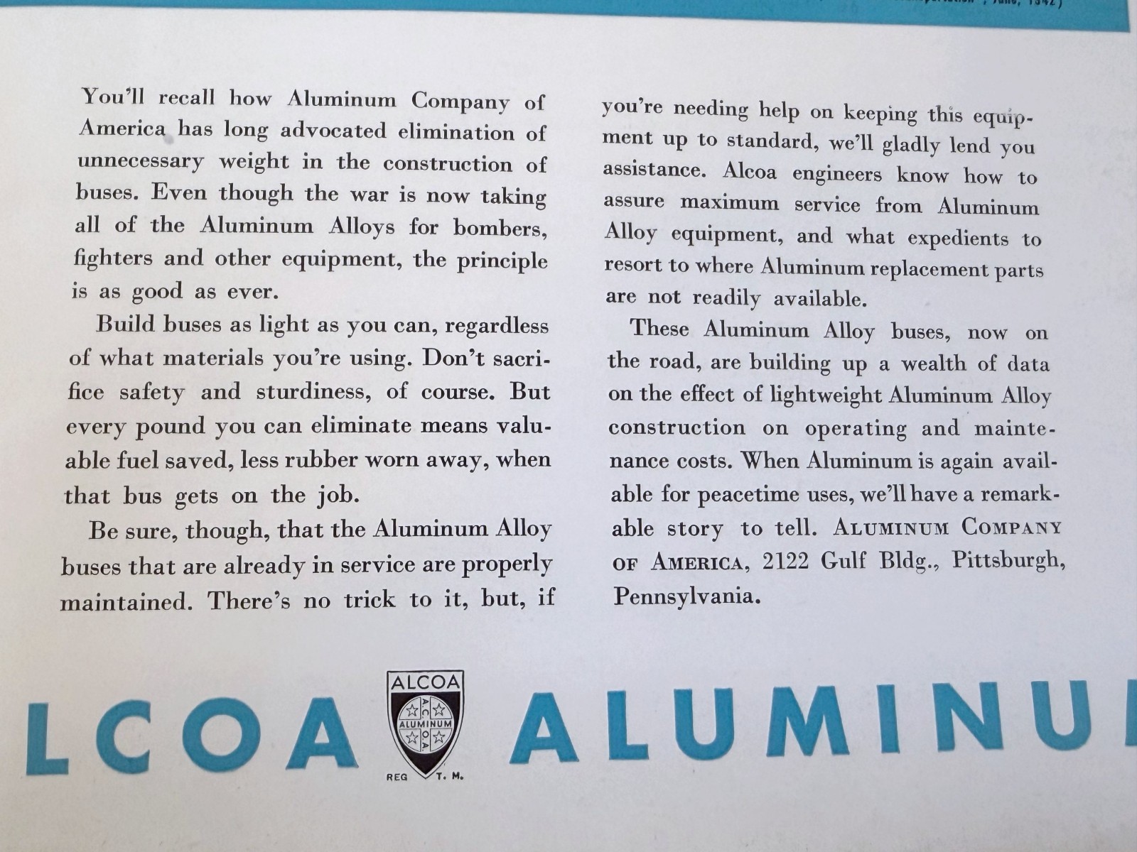 vtg BUS transportation print ad 1942 Aluminum Company of America Alcoa