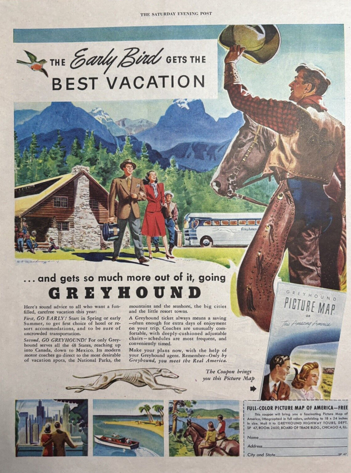 1947 Greyhound Bus Lines Travel Cowboy Ticket Vacation Mexico VTG Print Ad