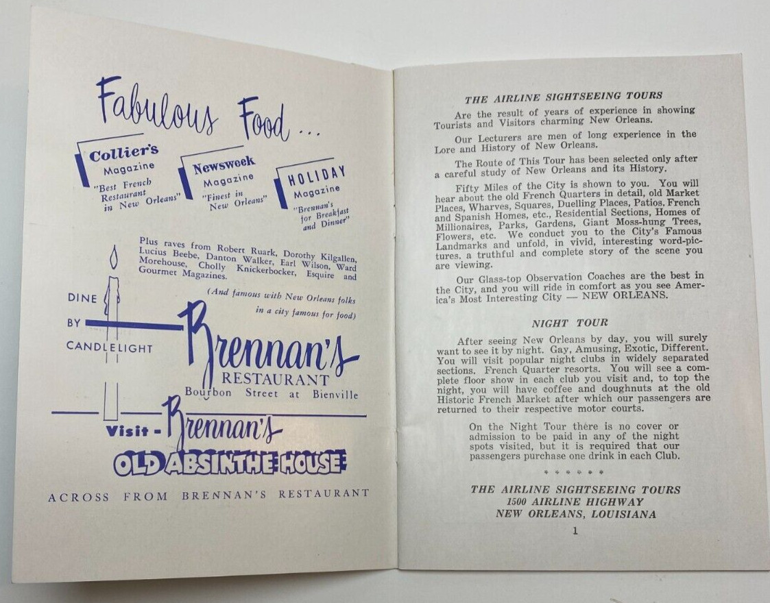 FASCINATING NEW ORLEANS TOURS 1950 BOOKLET