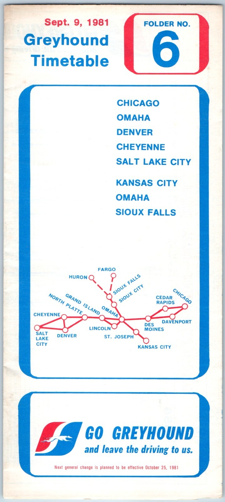 SEP 1981 Greyhound Bus Lines Timetable Folder #6 Guide Chicago Salt Lake City 1J