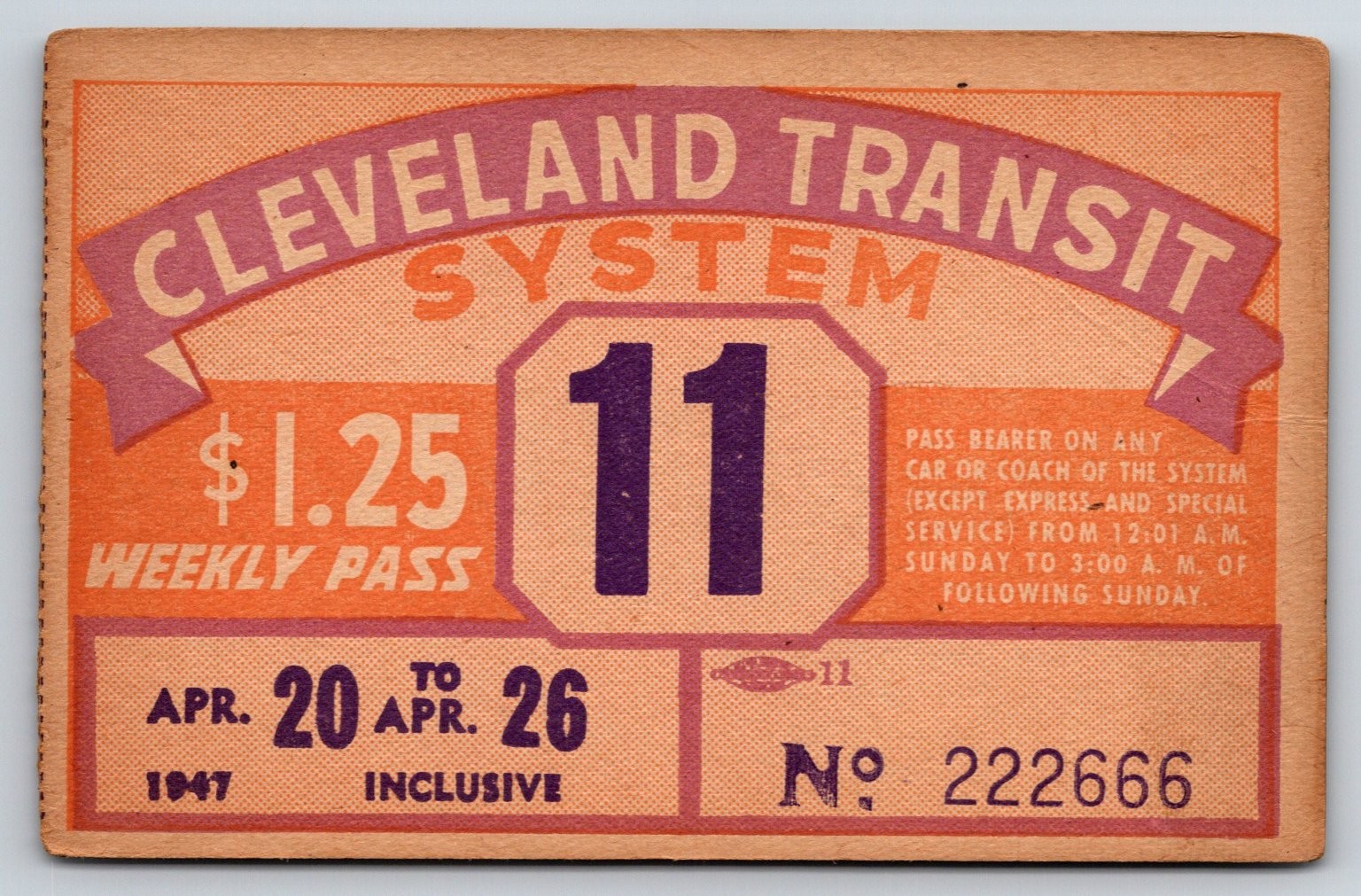 Cleveland Transit System 1947 Weekly Pass Ohio Vintage (#30)
