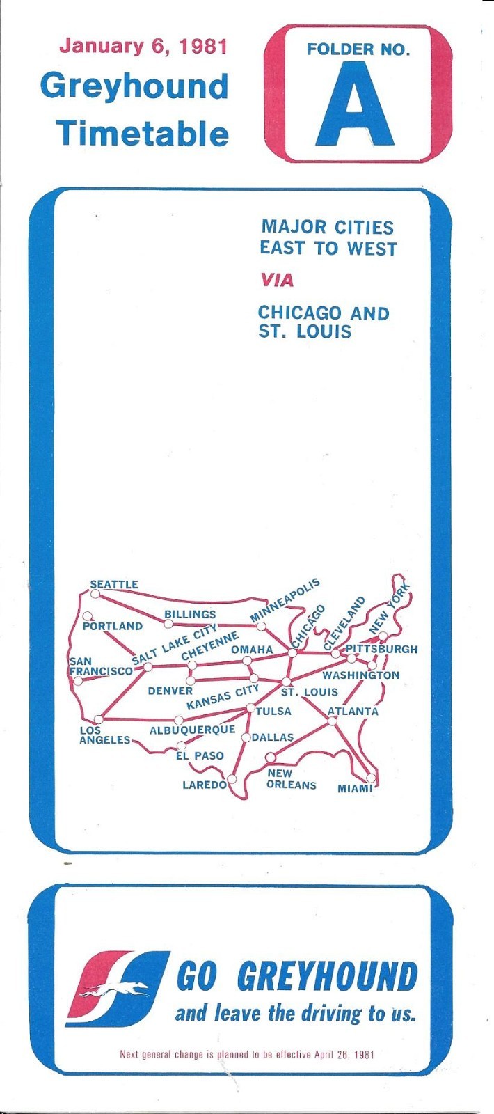 1-6-1981 Greyhound Bus Schedule Timetable Form A. Major East West Cities.