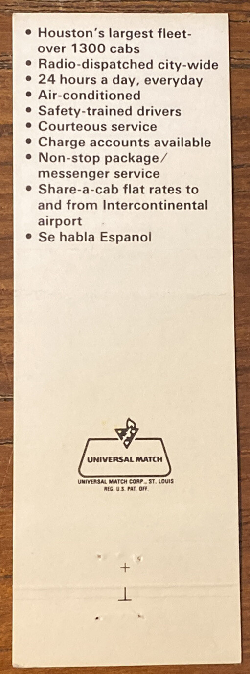 Vintage Yellow Cab Matchbook Cover Ad Huston, Texas a0387