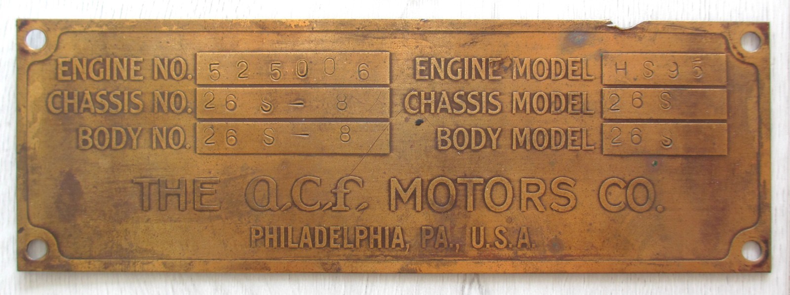 Vintage 1930s ACF Motors Model 26-S Bus Builder Plate Brass American Car Foundry