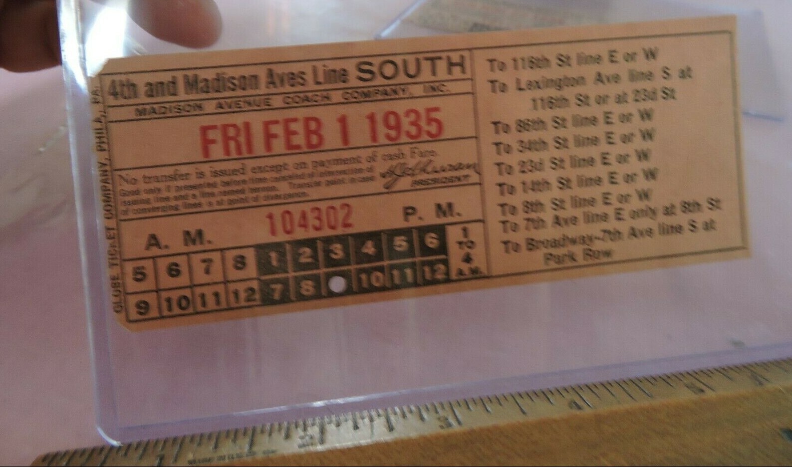 1935 Madison Avenue Coach Co. Bus Transfer Ticket 4th & Madison Aves Line