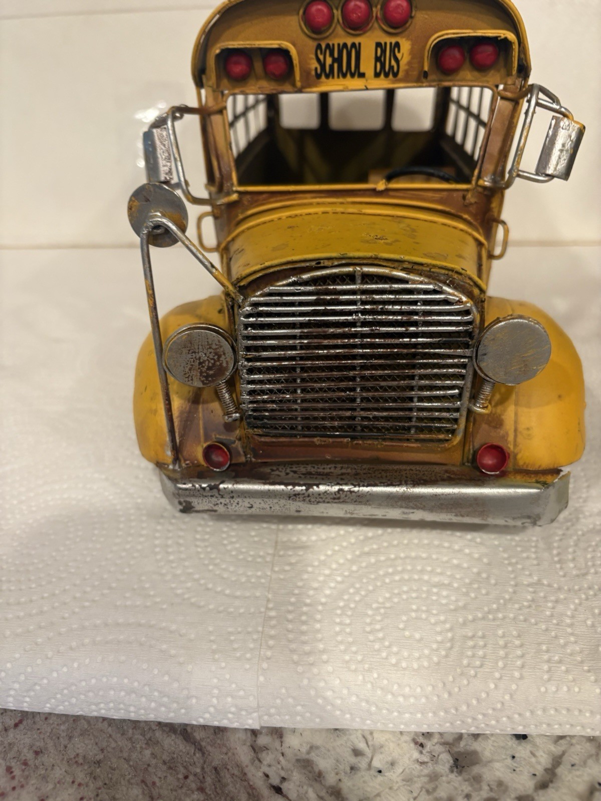 Vntg Yellow Metal School Bus Model Rustic Decor Worn Finish Rusty & Dirty 10 x 6