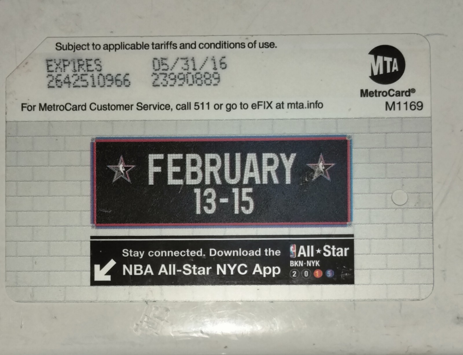 MTA METRO CARD .All STAR BKN-NYK 2015 NEWYORK TAKES CENTER COURT ..
