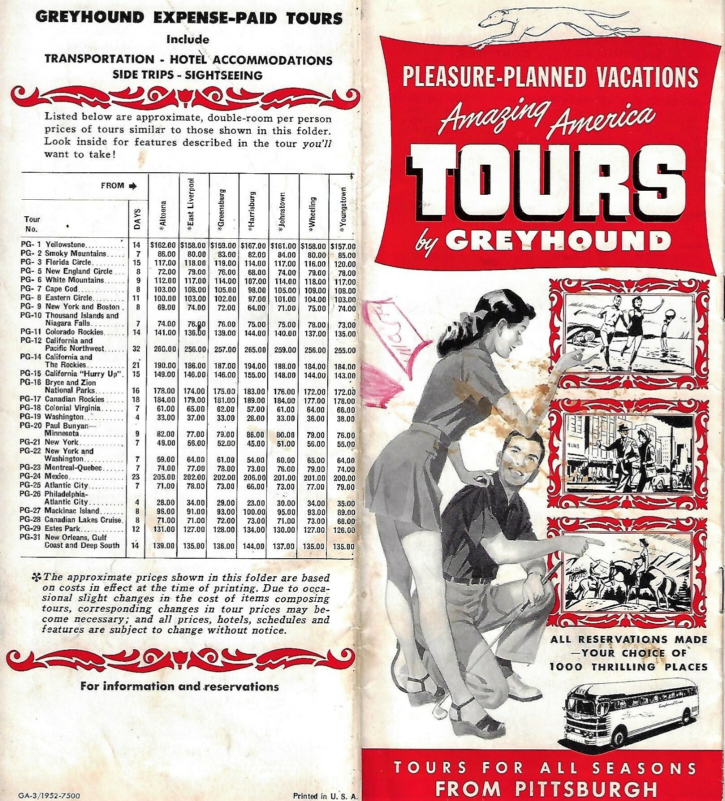 1952 GREYHOUND BUS ~ VACATION TOURS BROCHURE ~ FROM PITTSBURGH, PA