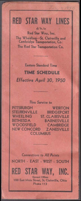 Red Star Way Bus Lines Pittsburgh-Wheeling-Zanesville-Columbus 4/30 1950