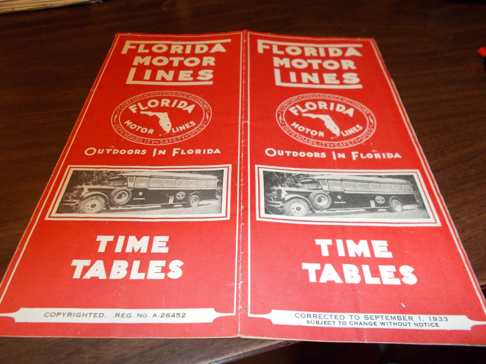 1933 Florida Motor Lines Vintage Time Table /Brochure / Sept. 1, 1933