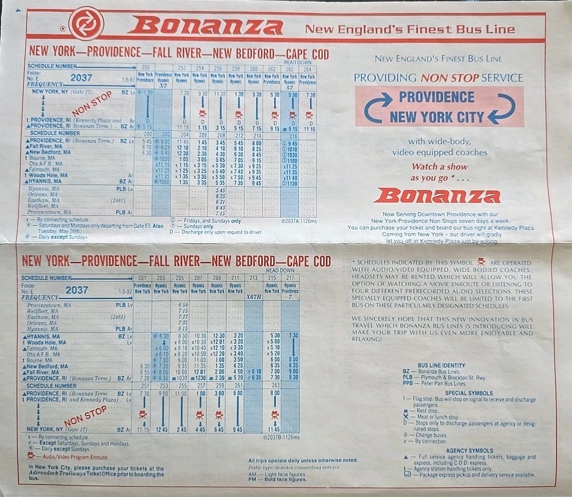 Bonanza Bus Lines January 5th 1992 Bus Schedule Vintage New England’s Finest Bus