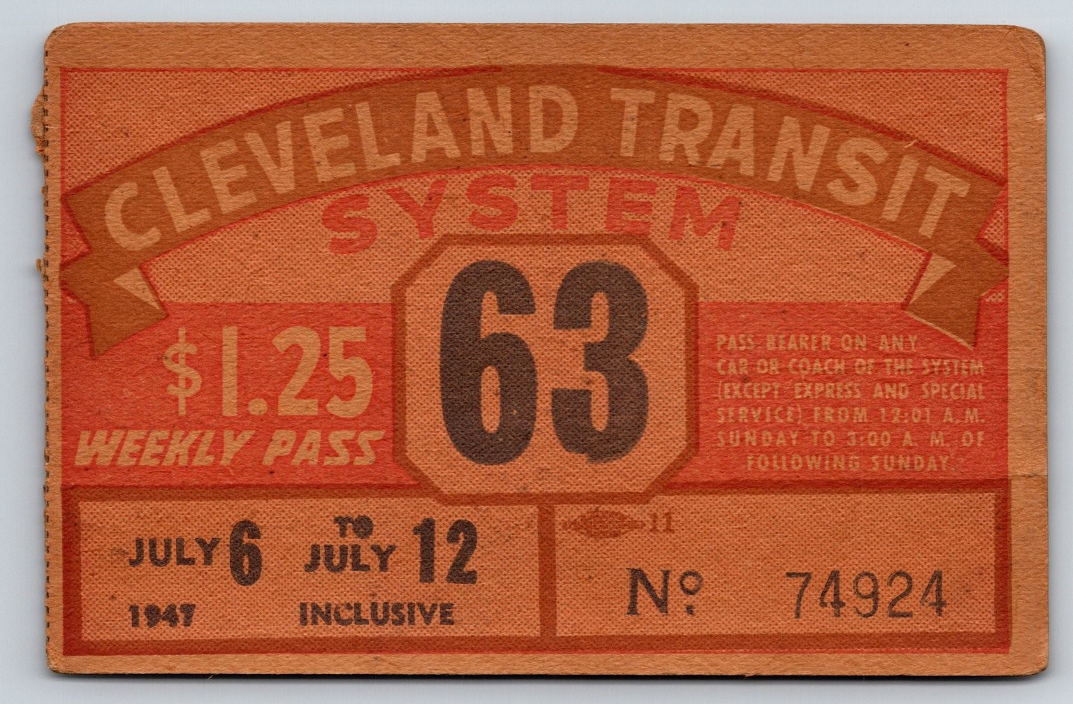 Cleveland Transit System 1947 Weekly Pass Ohio Vintage Ticket (#40)