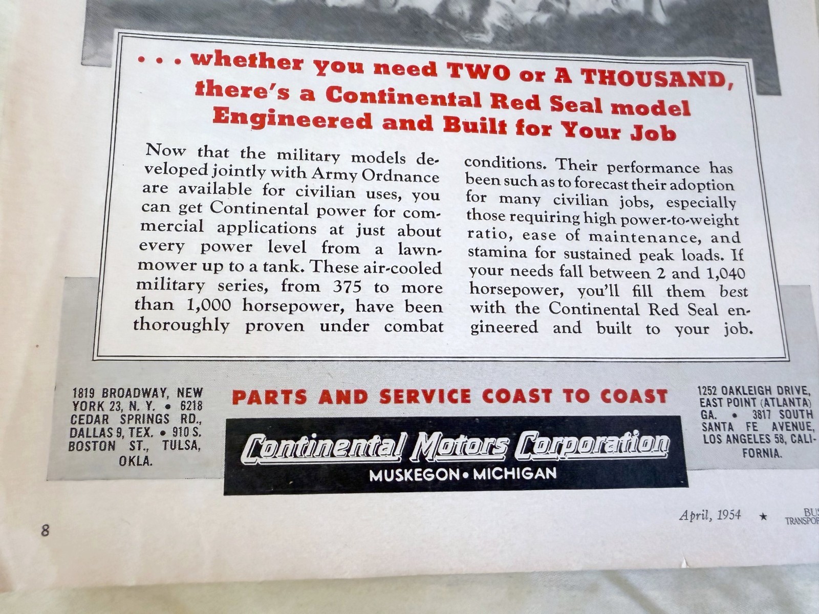 vtg BUS print ad 1954 Continental Motors Corporation horsepower Red Seal