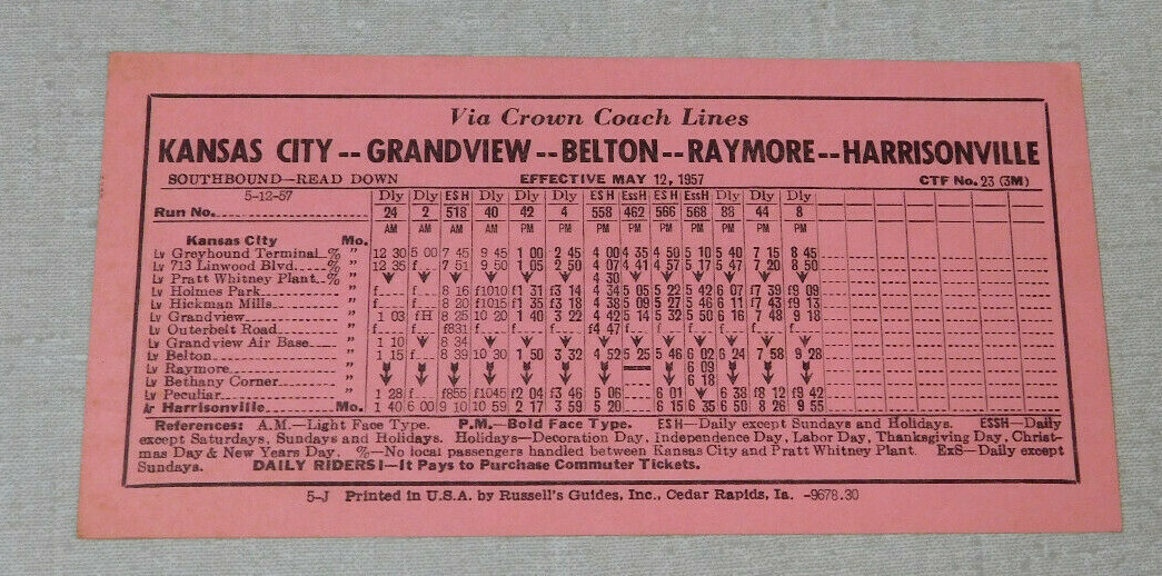 1957 Crown Coach Lines bus time table Kansas City Harrisonville Raymore Belton