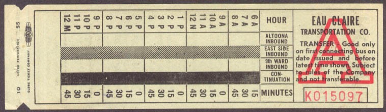 Eau Claire Transportation bus transfer 1955 WI