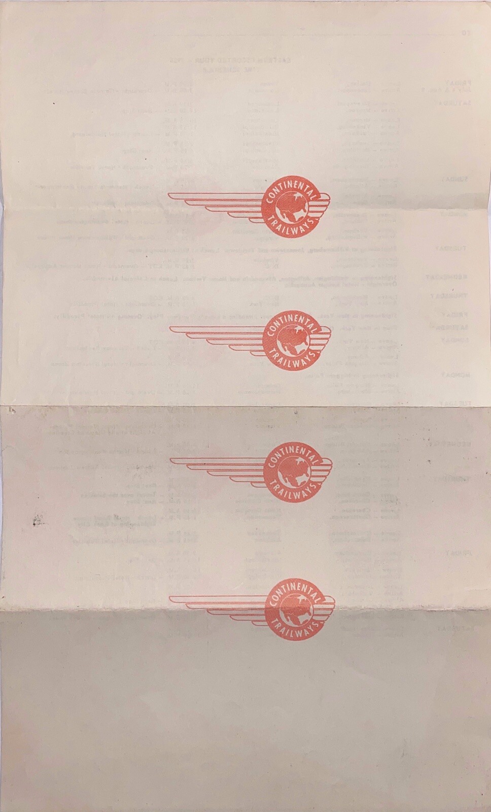 Vintage 1958 Continental Trailways Eastern Escorted Tour Itinerary Schedule 50s