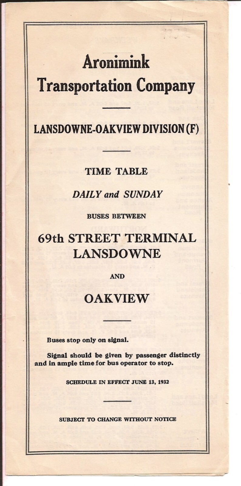 1932 Aronimink Transportation Co. Bus Timetable Lansdown-Oakview Philadelphia