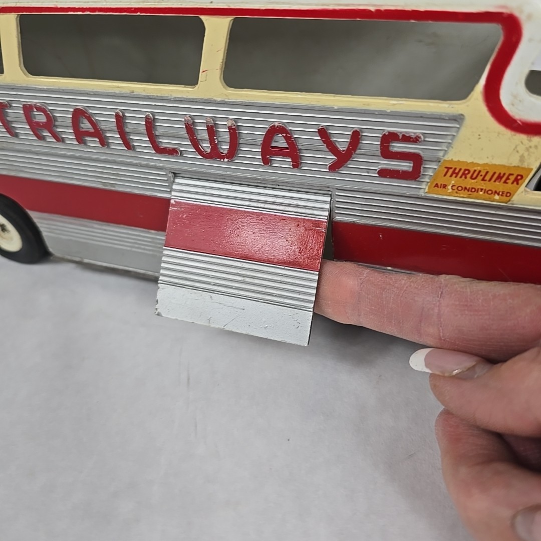 Vintage 1955 Trailways Friction Thruliner Bus Silver and Red 18″