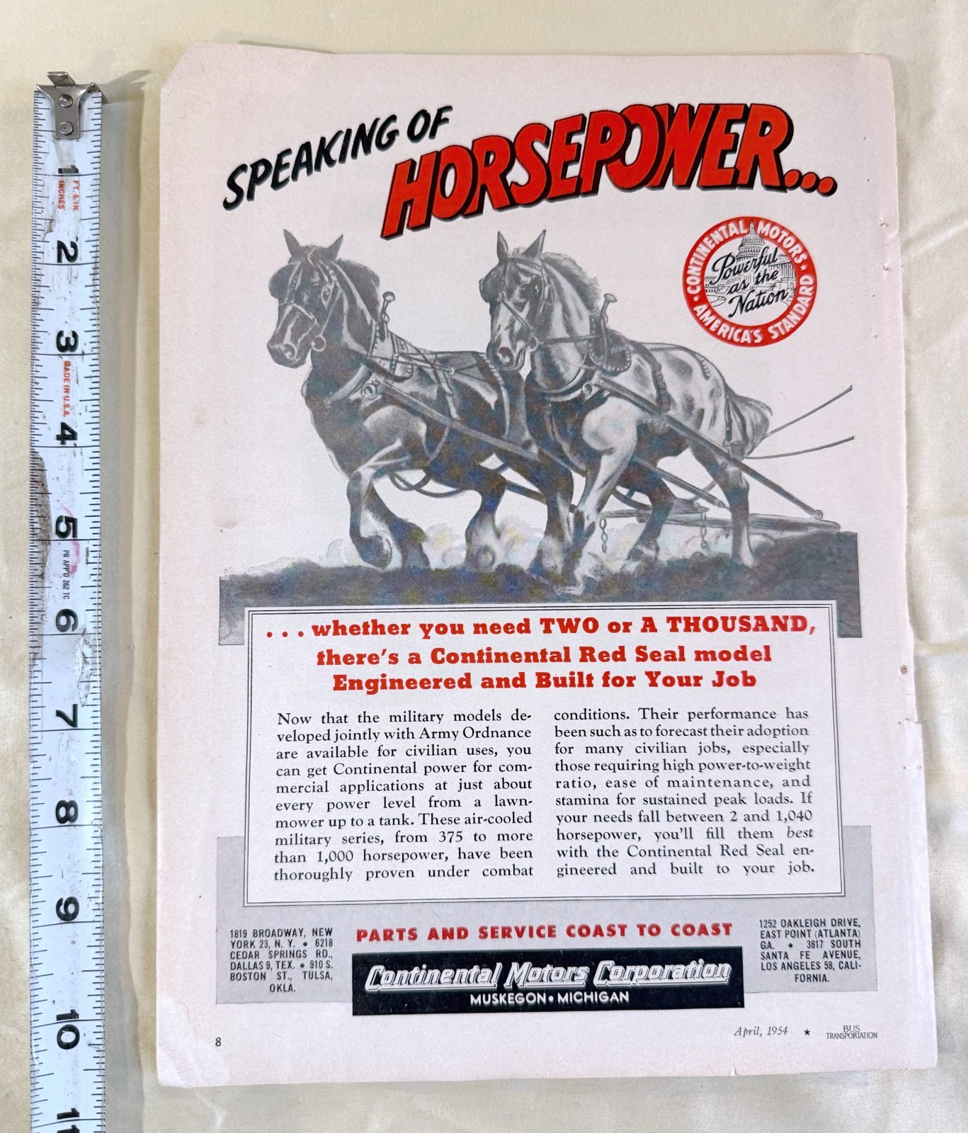 vtg BUS print ad 1954 Continental Motors Corporation horsepower Red Seal