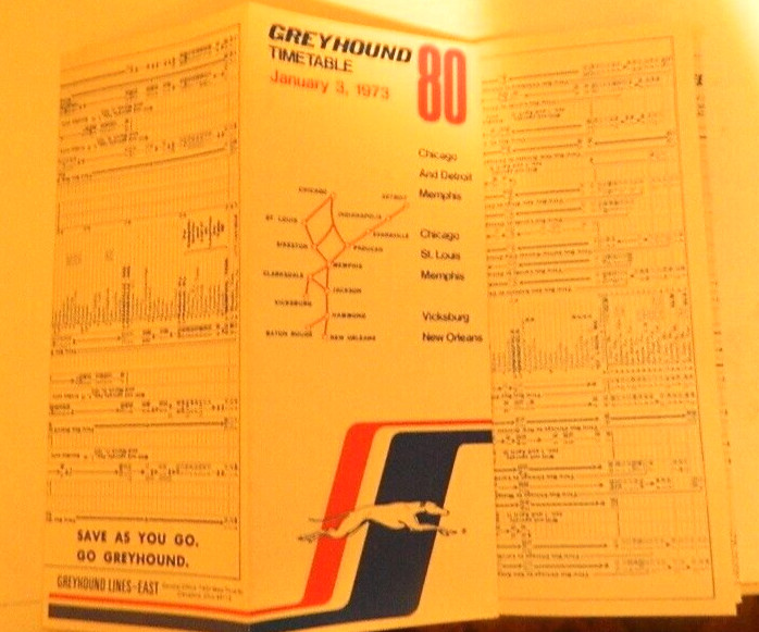 1973 Greyhound Timetable #80. Chicago, Memphos, New Orleans