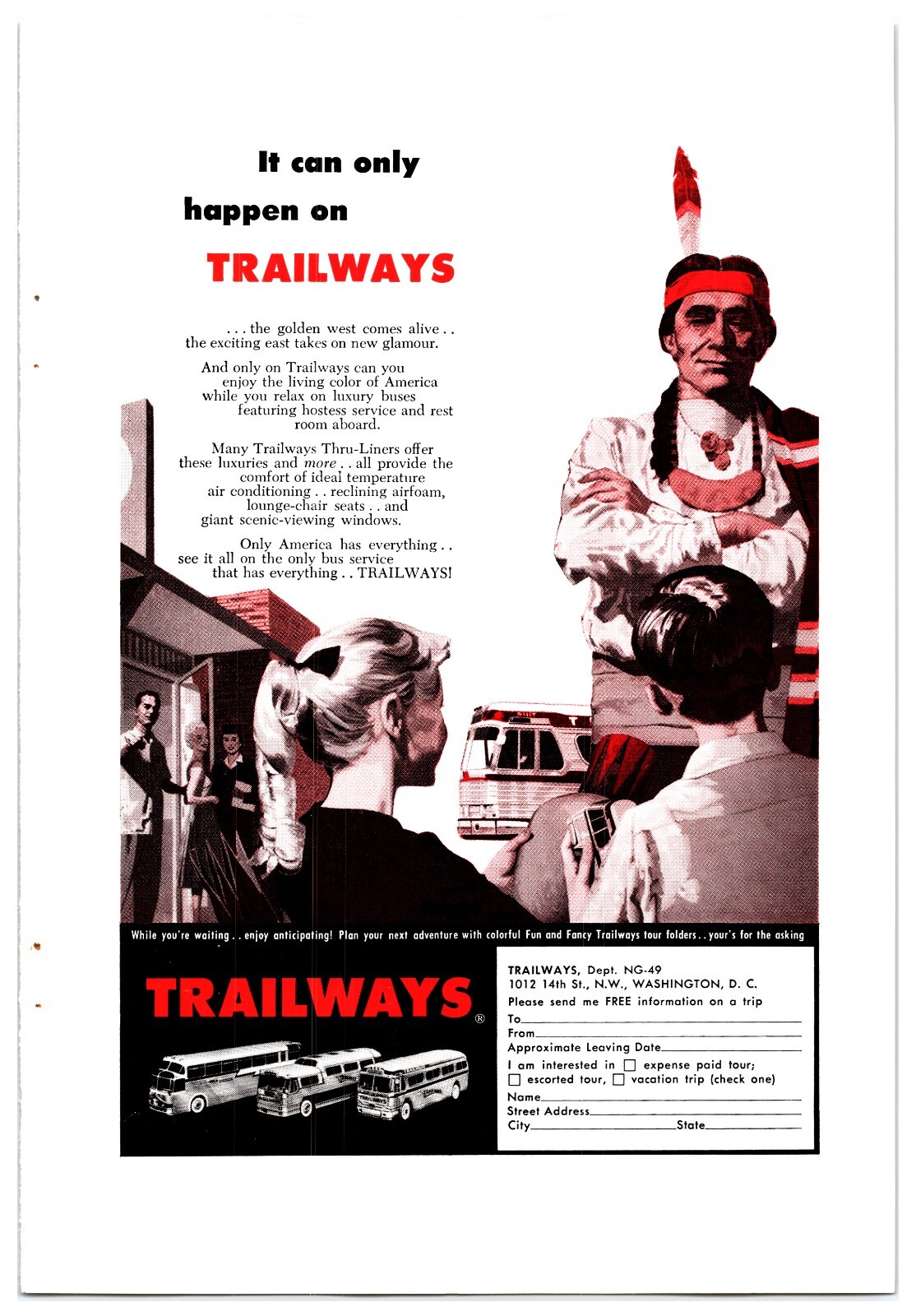 Original 1959 Trailways Buses – Native American Print Advertisement (7in X 10in)