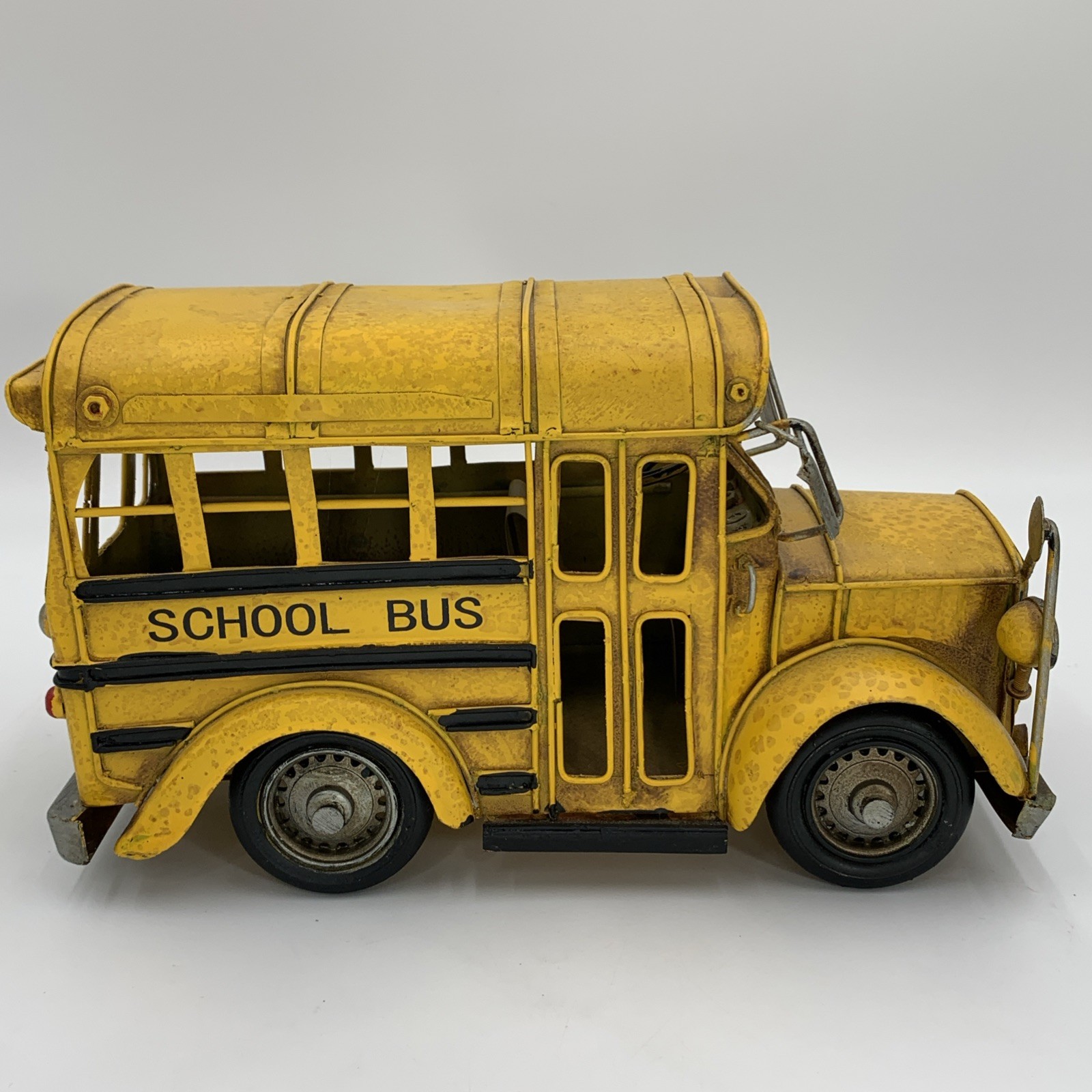 Vintage Style Yellow Metal School Bus Model Rustic Decor Worn Finish Free Ship