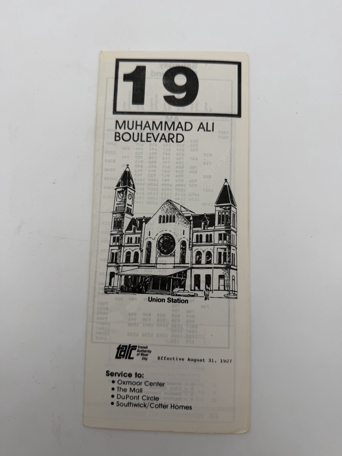 1987 TARC Route 19 Muhammad Ali Blvd Louisville KY Bus Schedule Map Vintage
