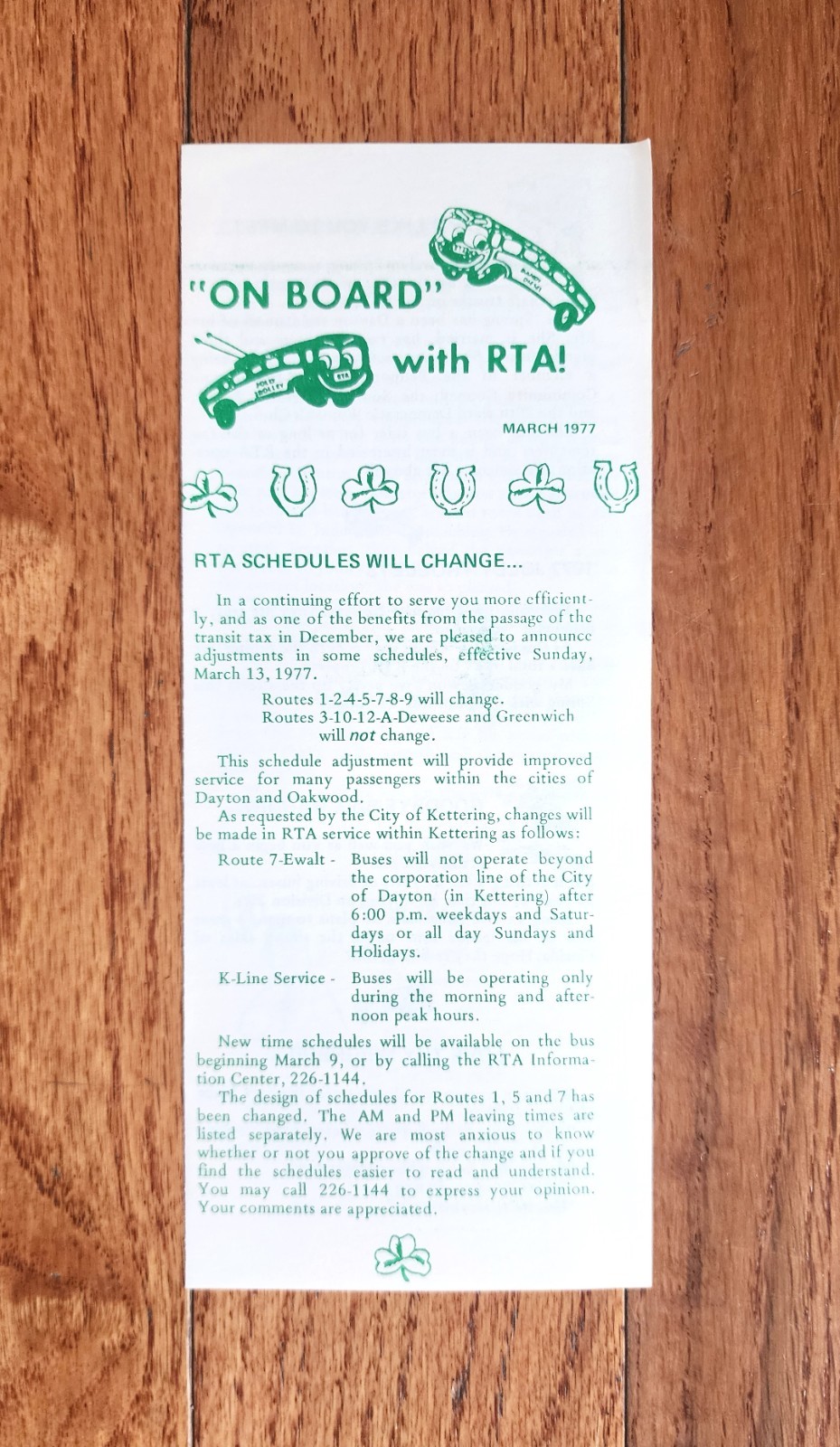 1977 RTA MIAMI VALLEY REGIONAL TRANSIT AUTHORITY BUS BROCHURE MARCH DAYTON OHIO