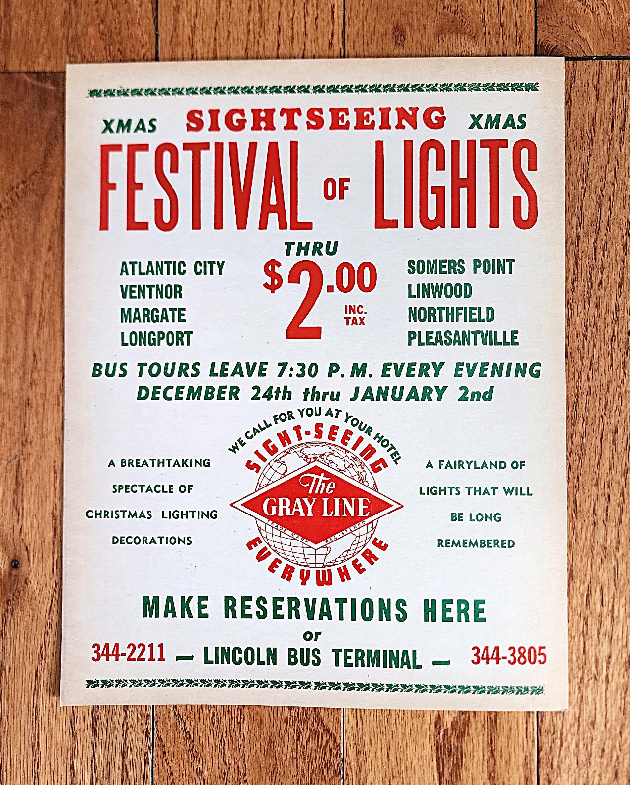 THE GRAY LINE LINCOLN BUS TERMINAL NOTICE SIGN XMAS FESTIVAL JERSEY SHORE NJ