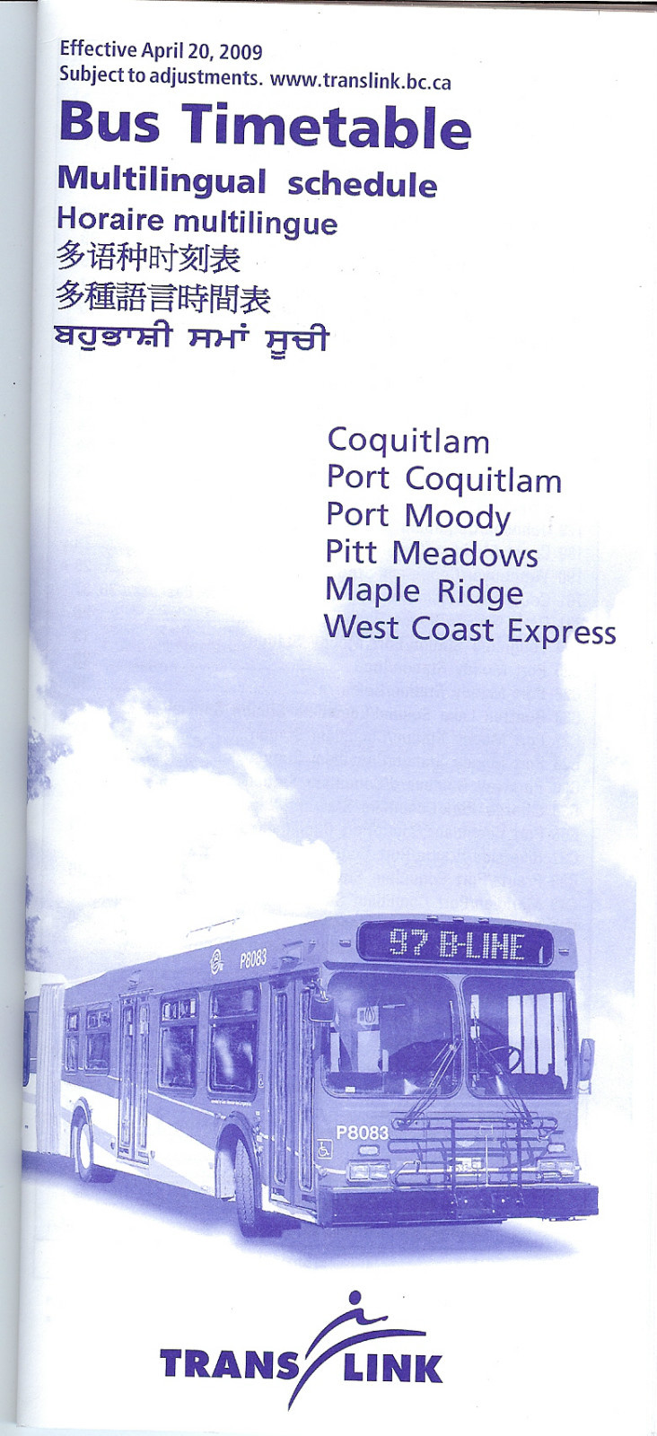 Bus Timetable – TransLink – Vancouver British Columbia – Set of 7 – 20/04/09