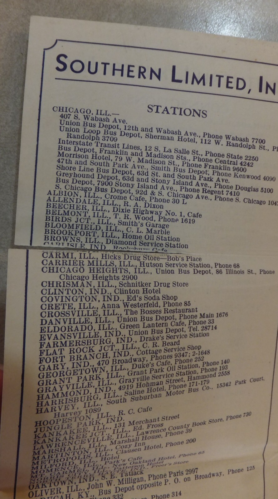 SOUTHERN LIMITED 1933 BUS TIME TABLES STATIONS & MAP CHICAGO & THE SOUTH