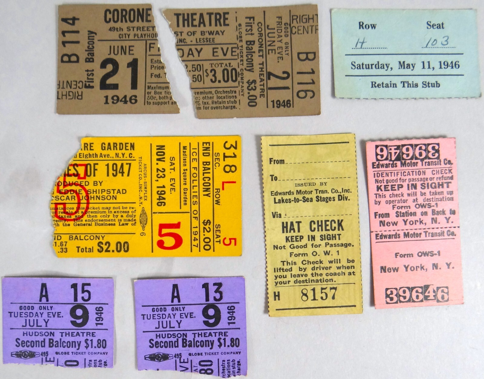 Theatre Ticket Stub Lot 1946 Madison Square Garden Hudson Broadway New York City