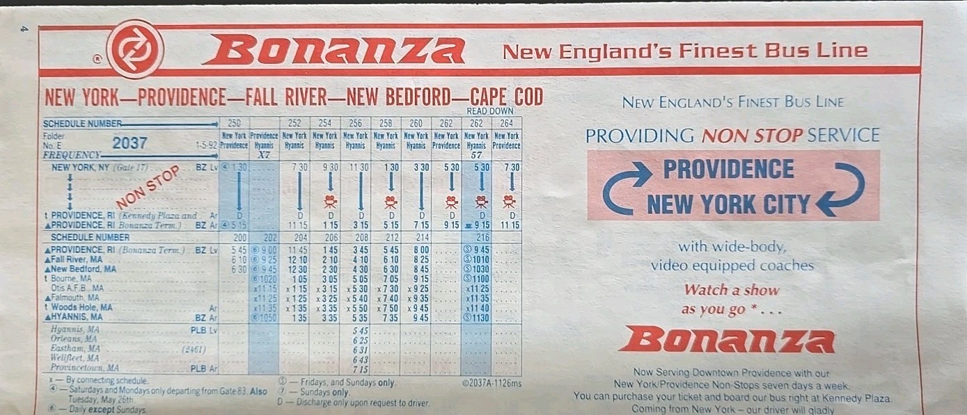 Bonanza Bus Lines January 5th 1992 Bus Schedule Vintage New England’s Finest Bus