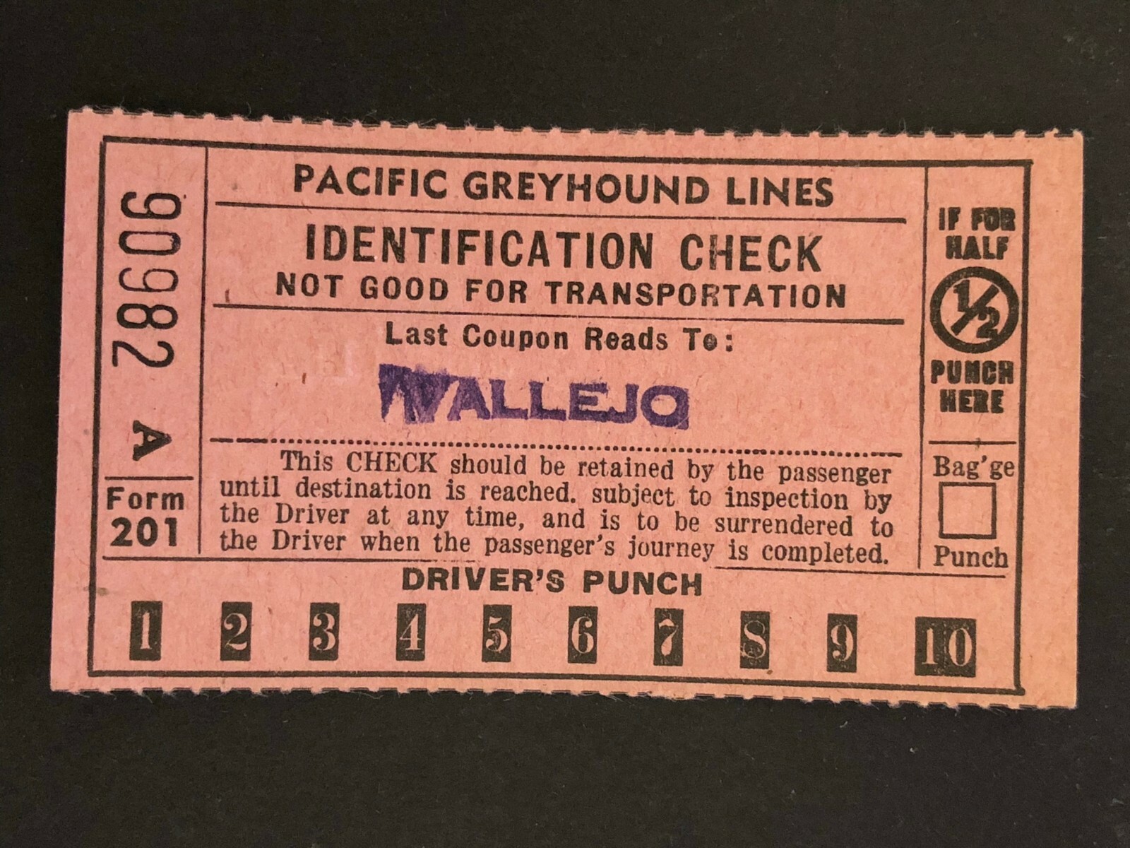Pacific Greyhound Bus Lines I.D. Check / Ticket “Vallejo” 90982 c1945-1955