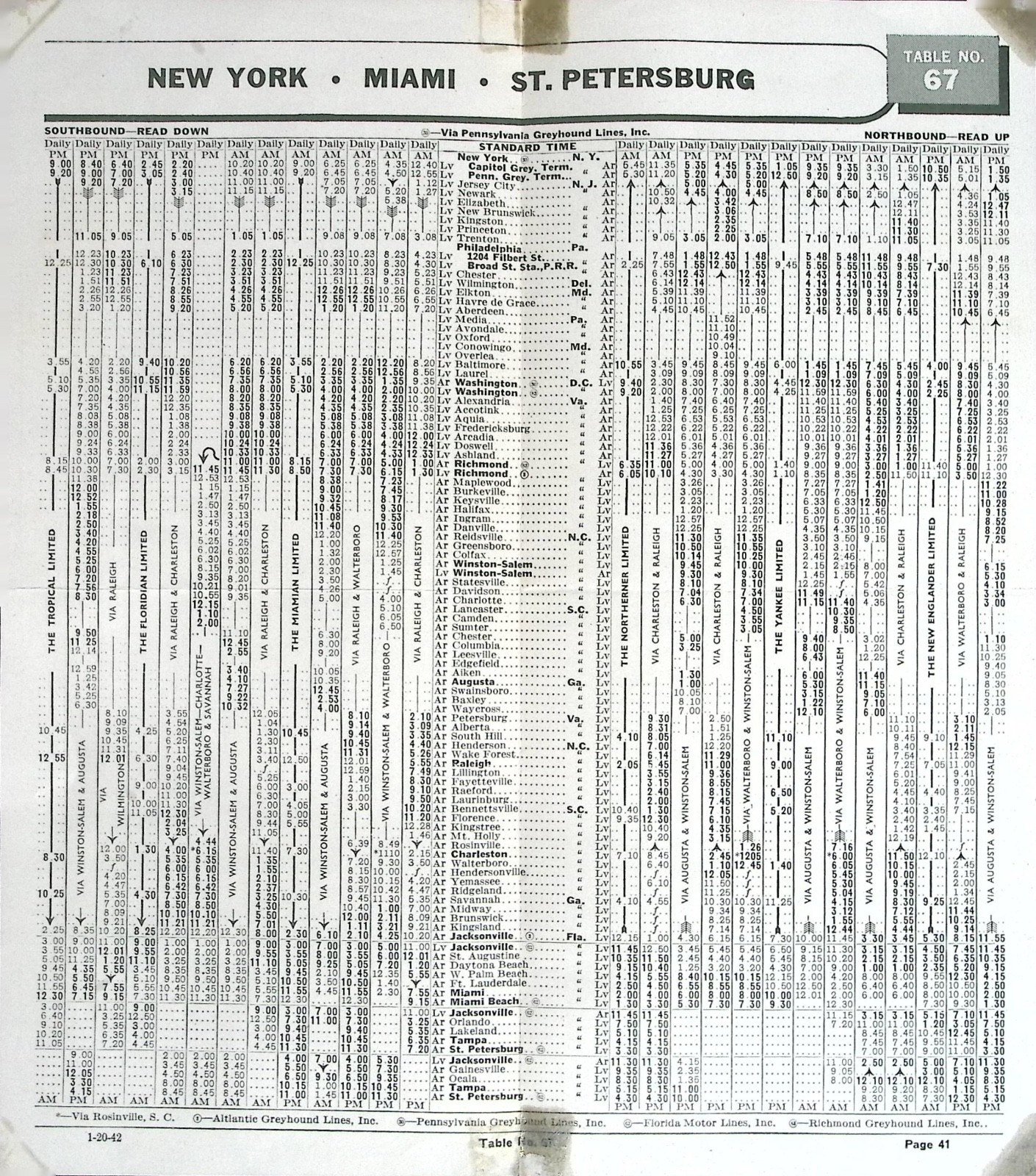 1942 Pennsylvania Greyhound Lines Florida Time Tables Bus Schedule Booklet