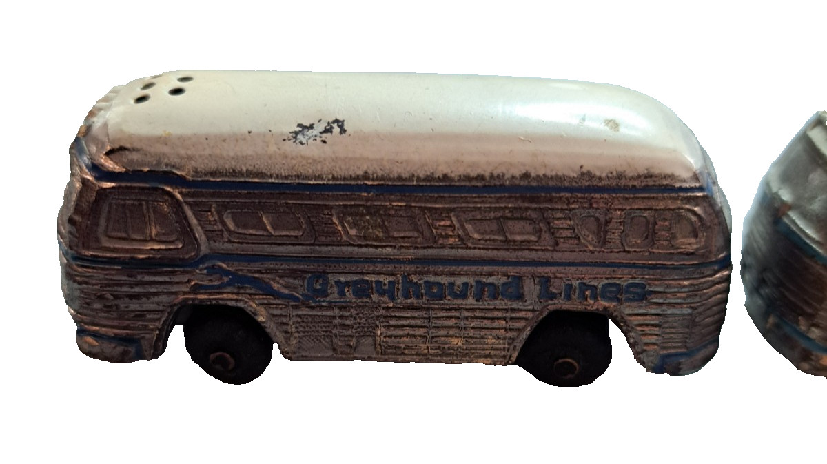 Greyhound Lines Bus Advertising Salt & Pepper Shakers Metal Die-Cast Japan