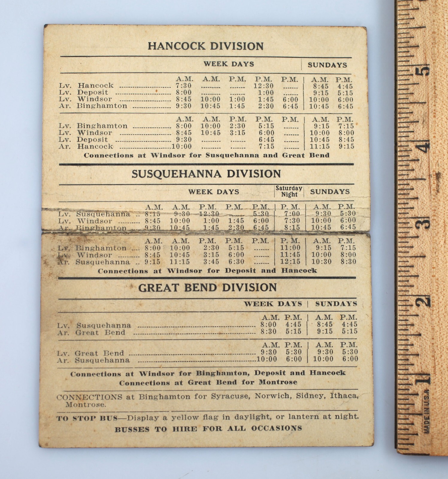 Vintage 1927 Susquehanna Motor Coach Bus Lines Timetable Binghamton PA NY