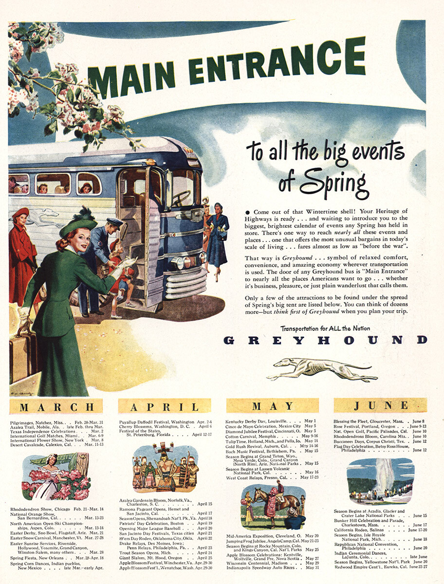 1948 Greyhound: Main Entrance Spring Vintage Print Ad