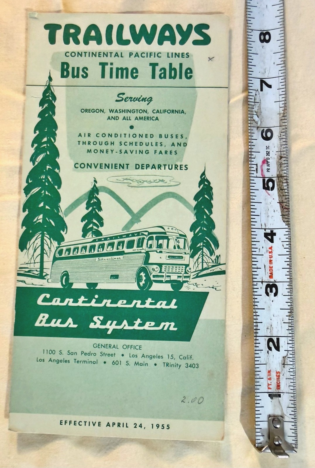 1955 Trailways Continental Bus System Schedule OR WA CA vintage ephemeral