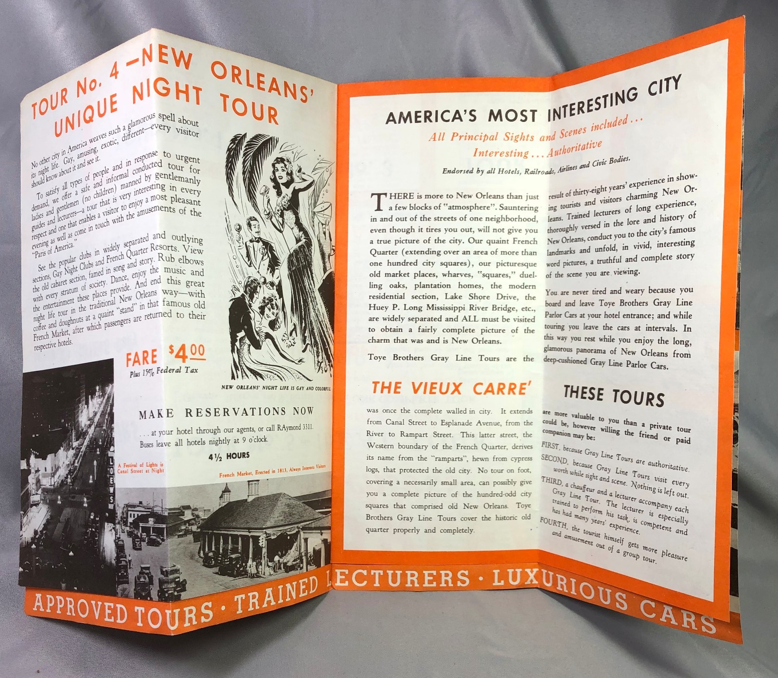 1940s GRAY LINE BUS Tours NEW ORLEANS Brochure VINTAGE Original YELLOW CABS Taxi