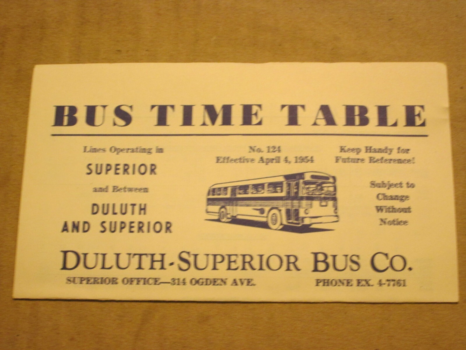 Duluth-Superior Transit Bus Time Table – April 1954
