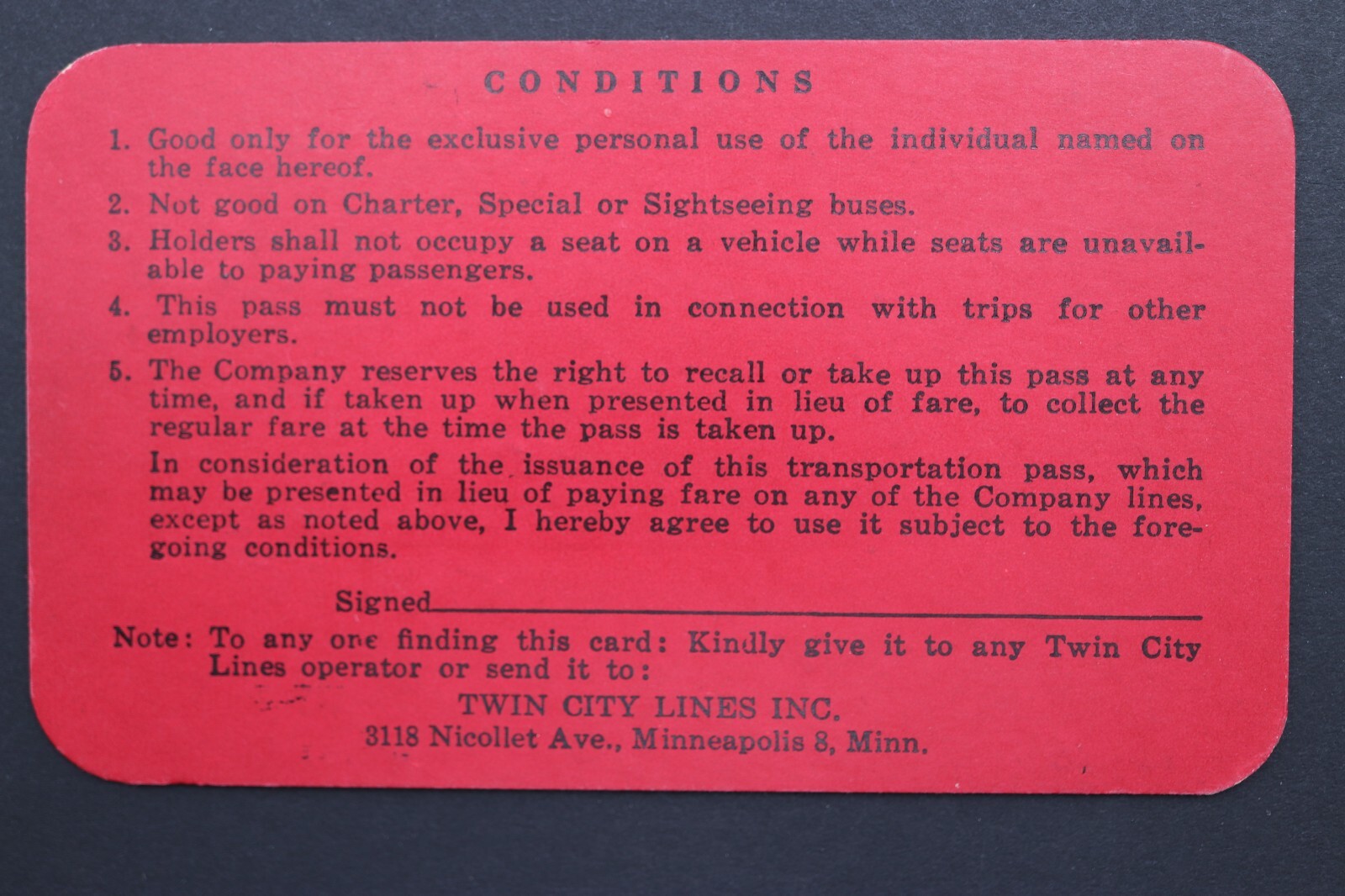 VINTAGE EMPLOYEE PASS TWIN CITY LINES ‘CARL HELMER ANDERSON’ 1964