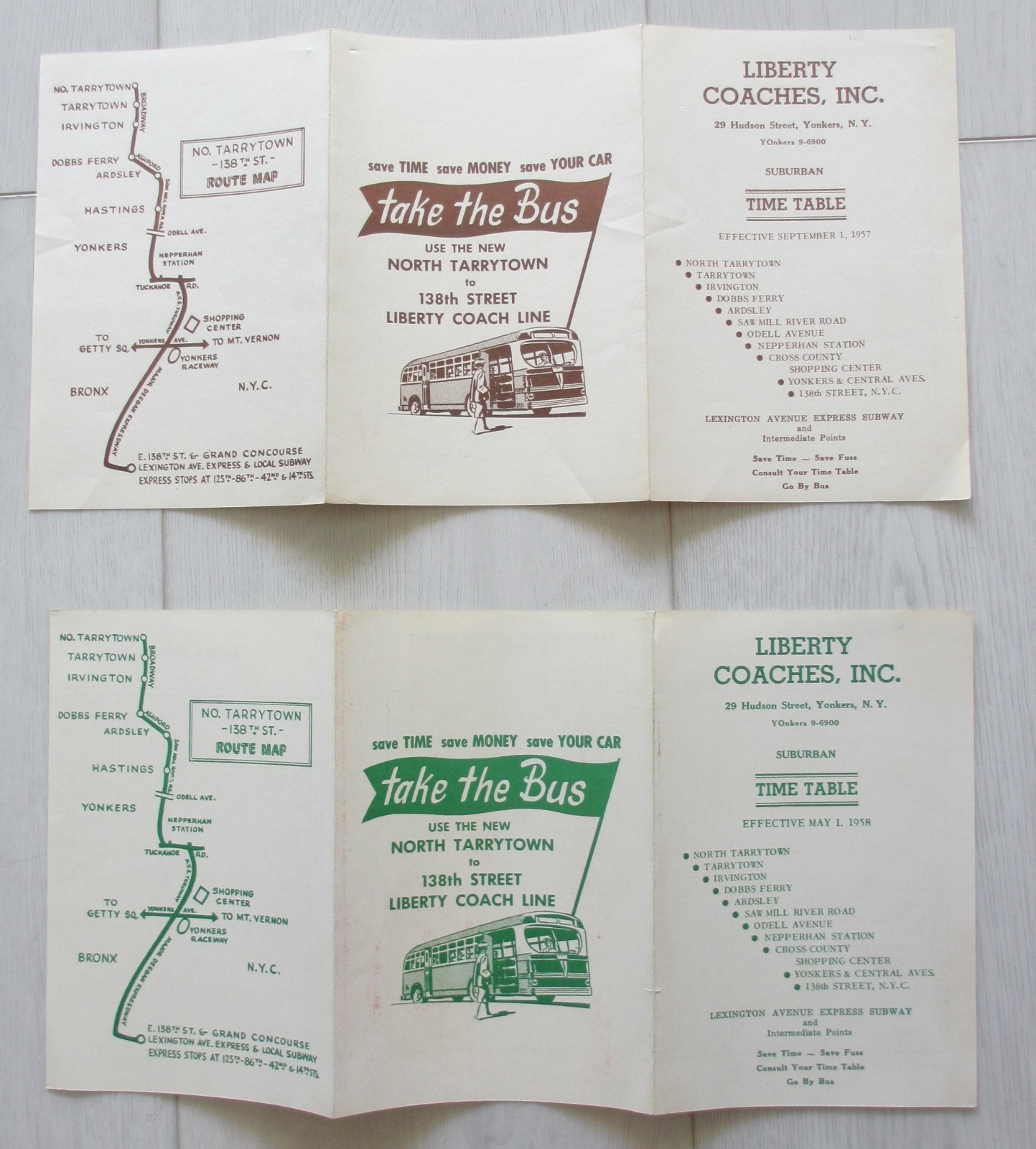 Lot of 2 Vintage 1950s Liberty Coaches Bus Timetables The Bronx Tarrytown NY