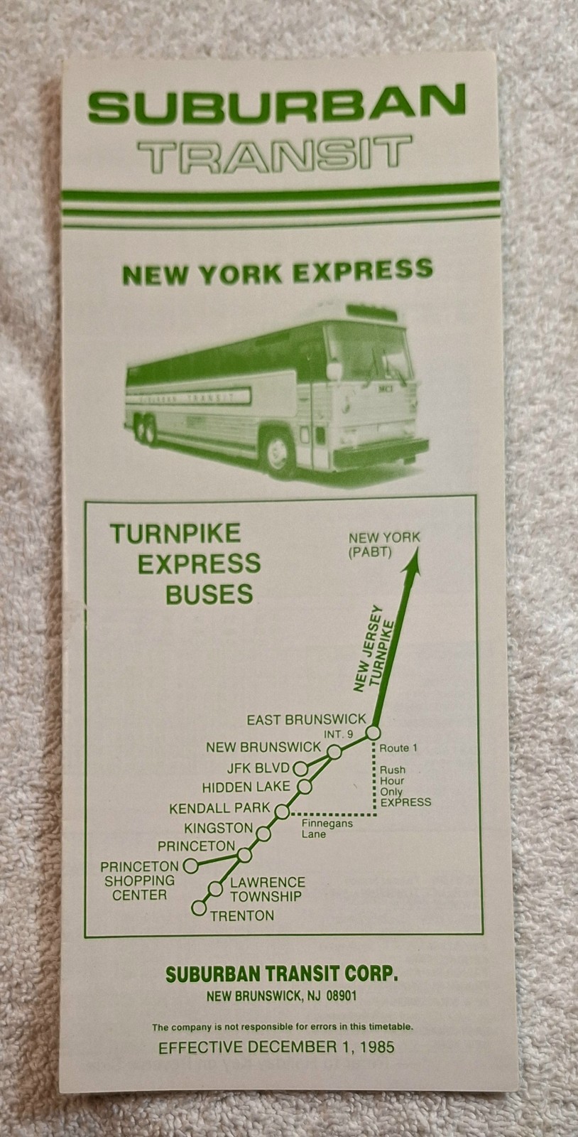 1985 Suburban Transit Trenton/NY Bus Schedule
