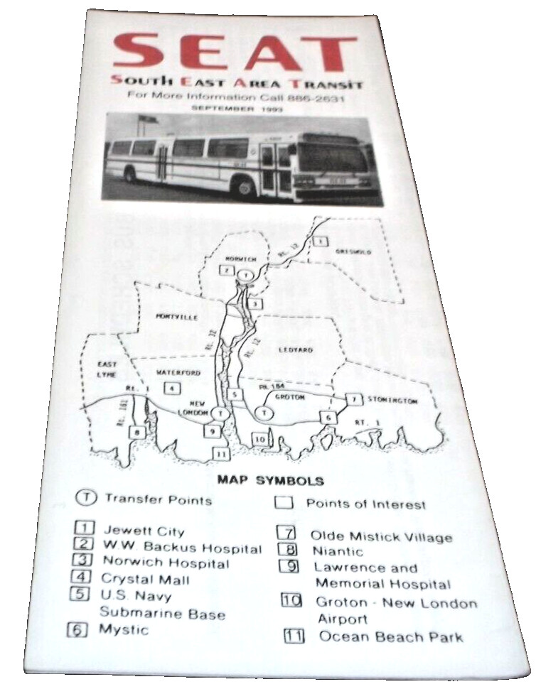 SEPTEMBER 1993 SOUTH EAST AREA TRANSIT SEAT BUS SCHEDULE NORWICH CONNECTICUT