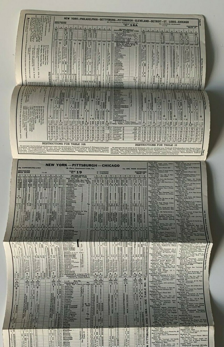 Vintage 1940 Pennsylvania Greyhound Bus Timetable Brochure fold-out schedule